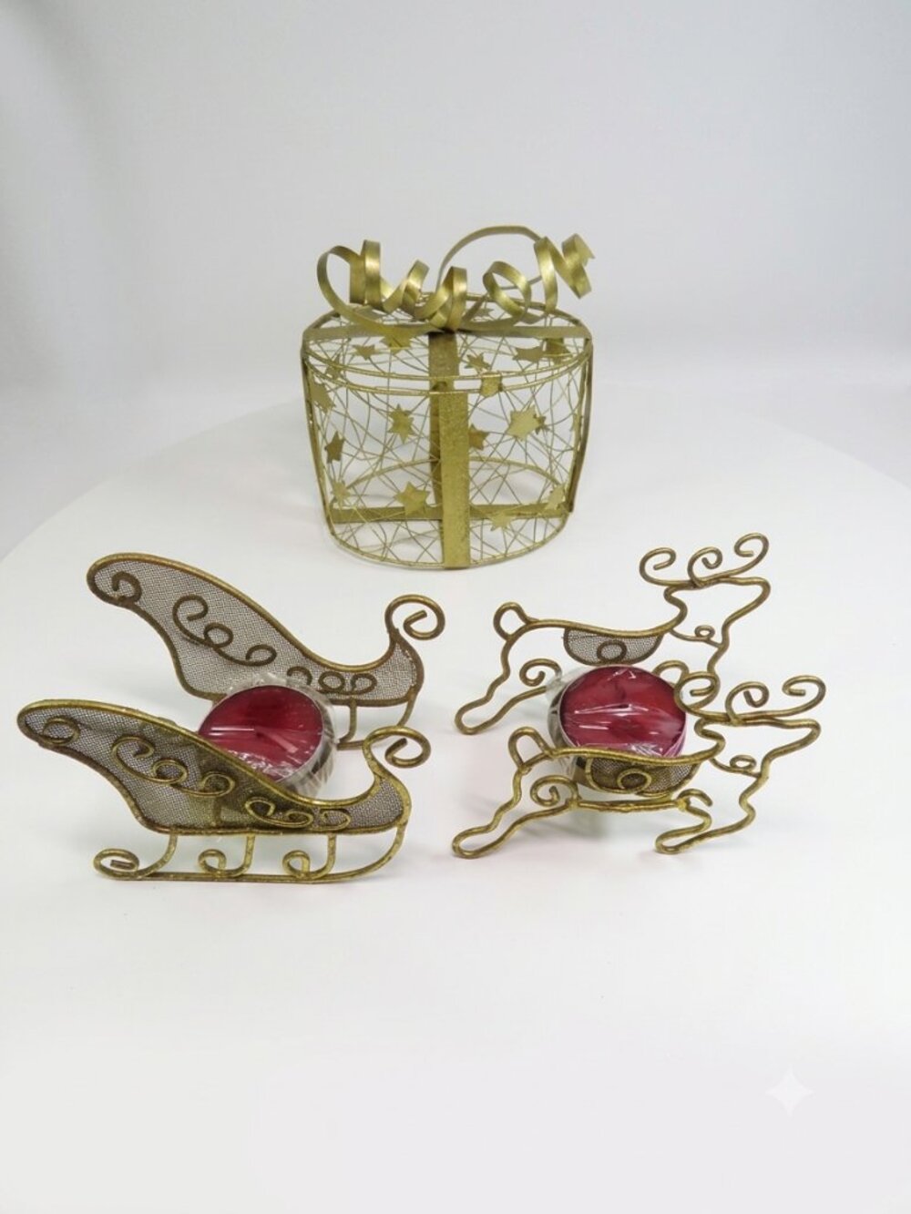 Warm Gold Wire & Metal 3 Piece Holiday Christmas Tablescape Set Candles Sleigh